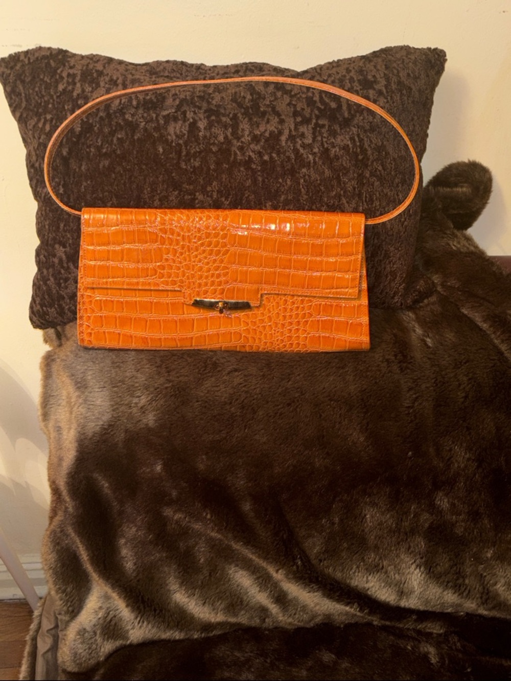 Orange Croc-Embossed Leather Clutch with Slim Strap